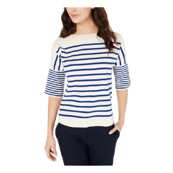 Anne Klein Striped Sweater | Ivory / Cream Blue | Size S - Picture 1 of 11